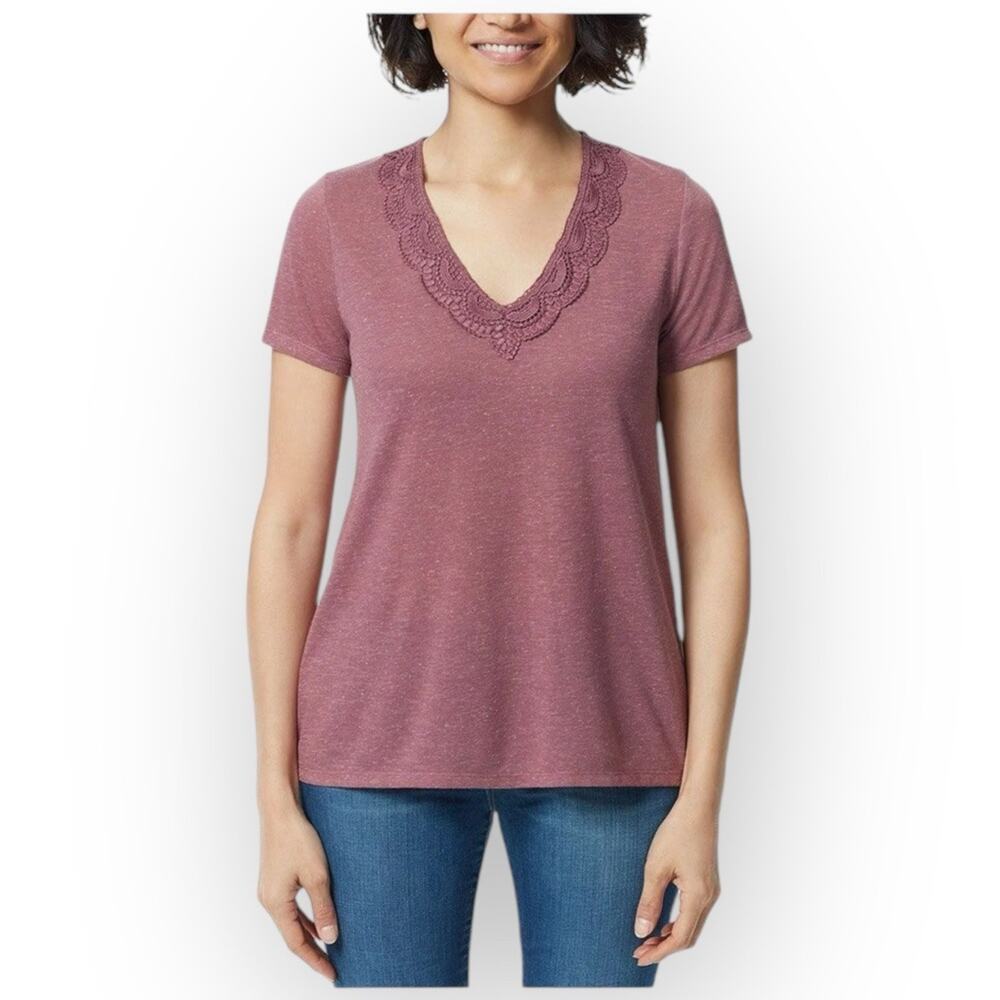 NWT Ella Moss V-Neck Lace Short Sleeve Tee Size XL Crushed Berry 0529XL